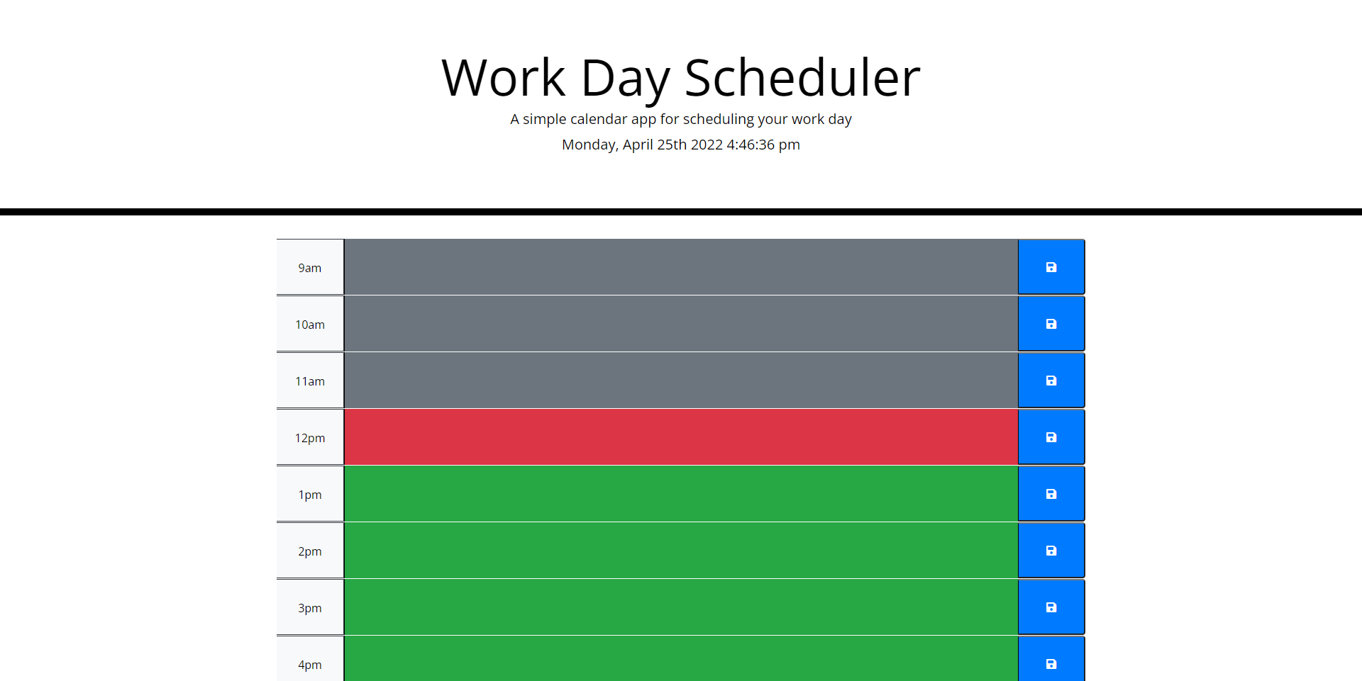 Work Day Schedular webpage screenshot